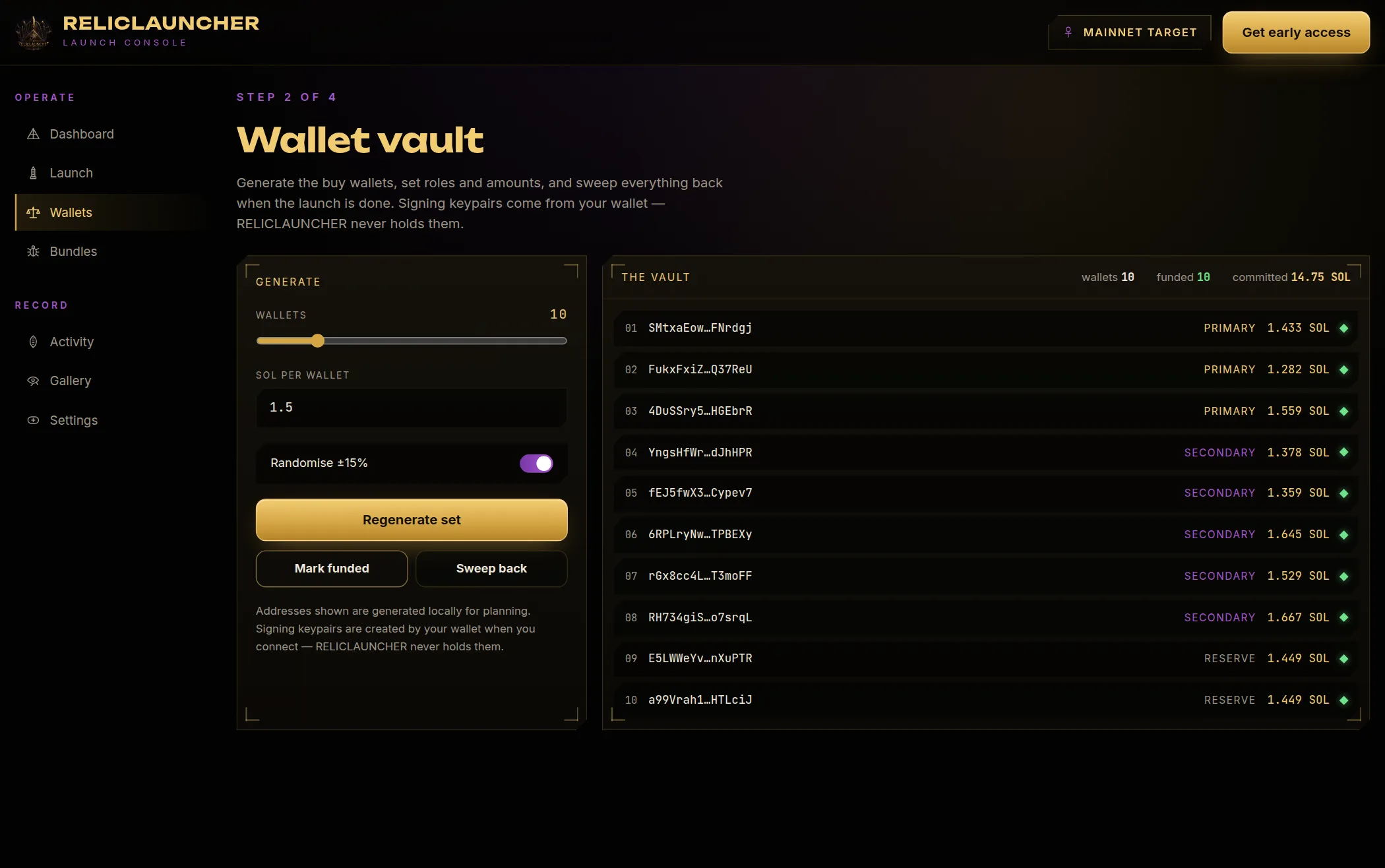 Wallet Vault screen